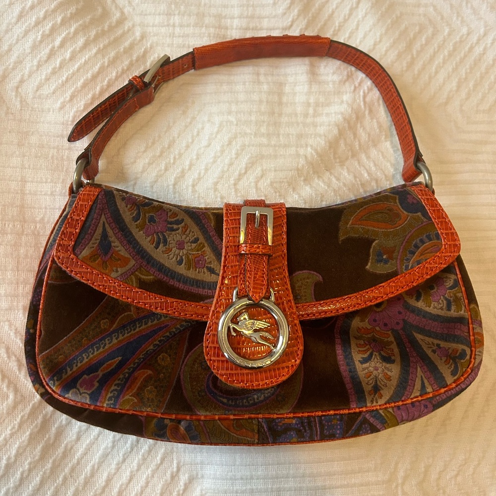 Etro Brown, Orange and Purple Paisley Velvet Shoulder Bag